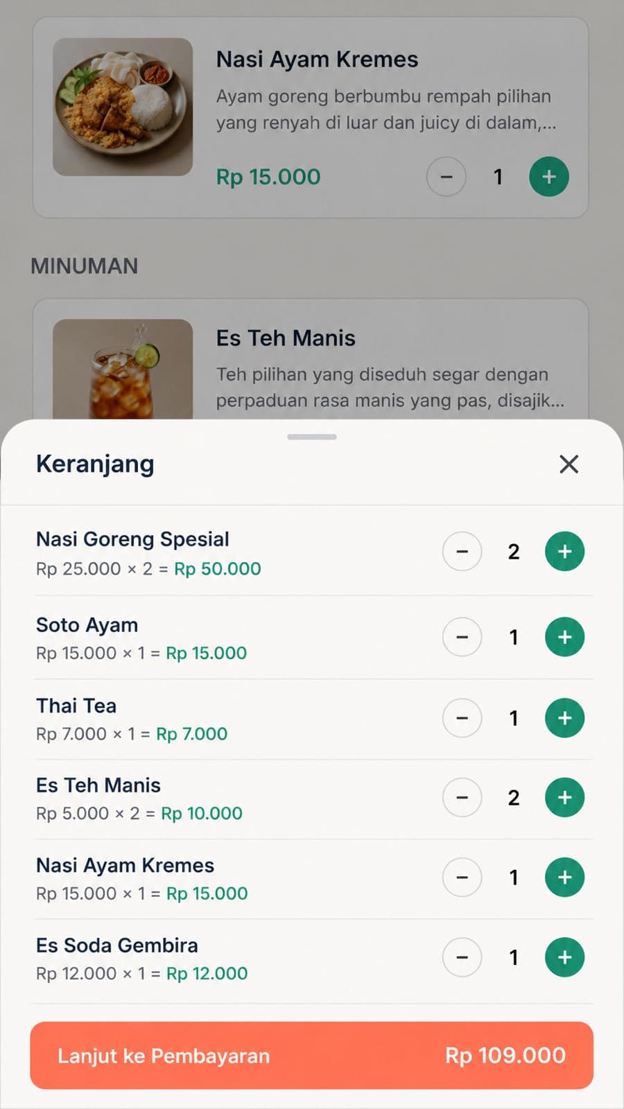 Pelanggan memilih menu dan mengatur keranjang